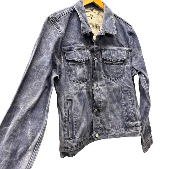 7 For All Mankind Jacket Mens Medium Blue Stone Wash Denim Trucker Button Up - Picture 4 of 9